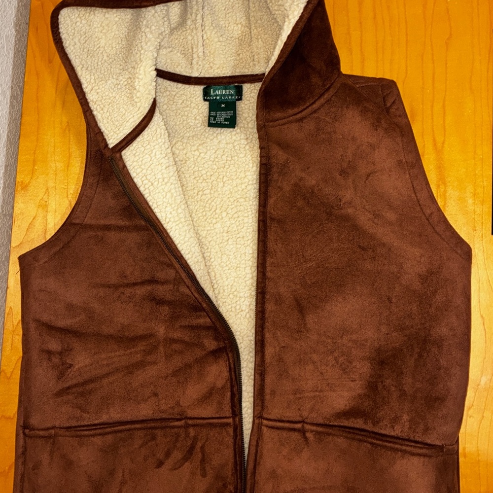 Lauren Ralph Lauren Brown Suede-Look Sherpa Hoodie Vest with Cream Lining